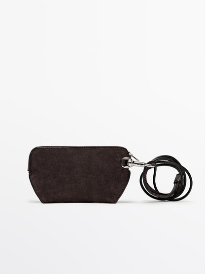 Split leather crossbody glasses case with purse